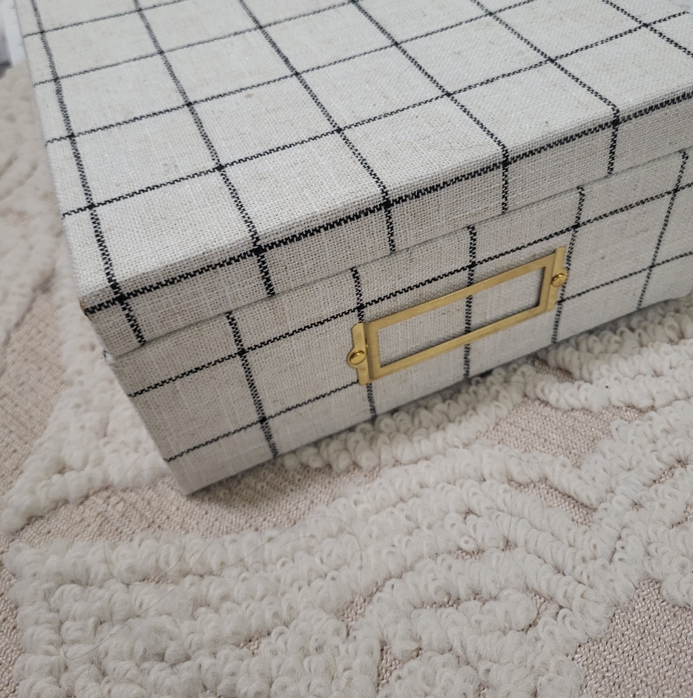 Linen Grid Fabric Storage Box with Gold Label Holder - Beige and Black